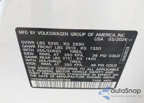 2024 Volkswagen Atlas 2.0T Se W/Technology z USA, uszkodzony, nr VIN 1V2HR2CA0RC566789